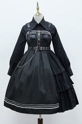 ダーク V ネックちょう結びリベット肩章ノースリーブ軍服 PU ゴシックロリータ Jsk ドレス